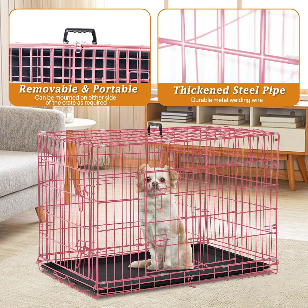 Dog Crate Dog Kennel Cage for Small Dogs, 24" Portable Foldable Indoor Outdoor Large Double Door Wire Metal Puppy Cat Pet Dog Cage with ABS Tray LC & Divider, Pink