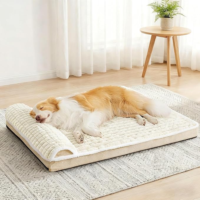 Orthopedic Dog Bed Medium Size Dog with Pillow 30''X20'', Waterproof Soft Comfortable Egg Crate Foam Pet Crate Beds Mat with Removable Washable Cover and Non-Slip Bottom, Cream