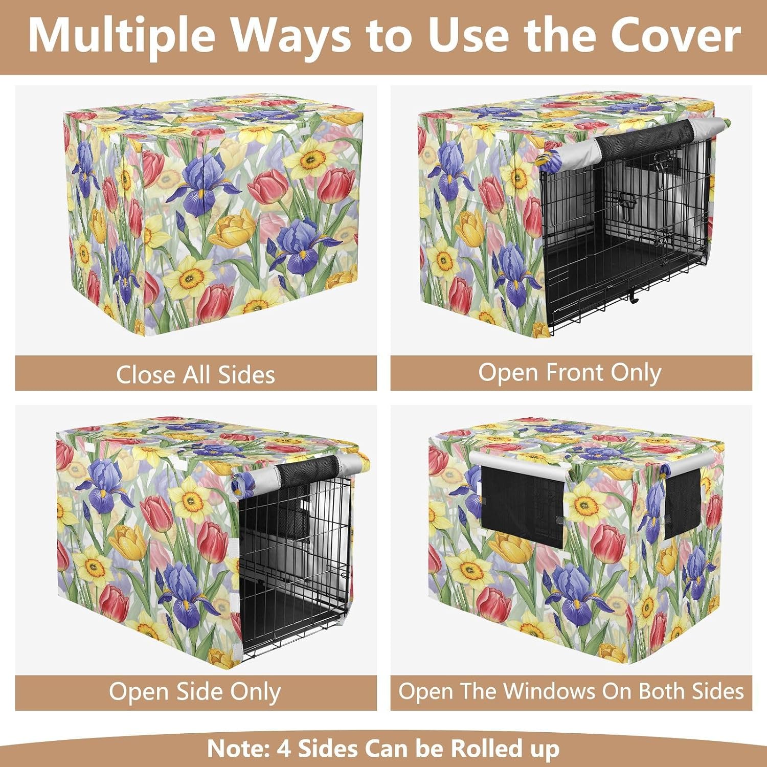 Bright Spring Flowers Dog Crate Cover 600D Oxford Heavy Duty Kennel Cover Mesh Window Soundproof Waterproof Sunshade Universal Fit for 42 inches Wire Cage