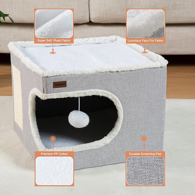 Cat Bed for Indoor Cats Cube House, Covered Cat Cave Beds & Furniture with Scratch Pad and Hideaway Tent, Cute Modern Cat Condo for Multi Small Pet Large Kitten Kitty, Large, Green