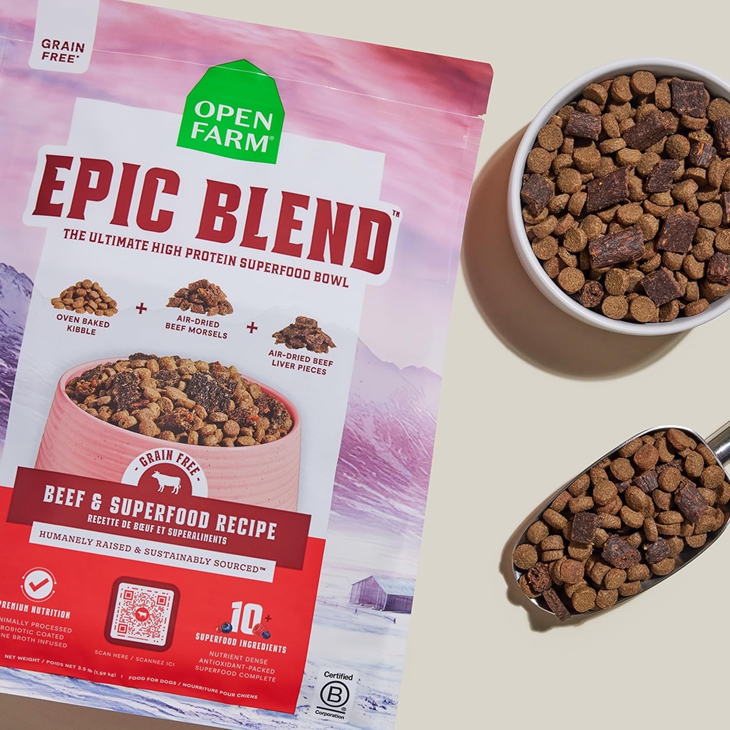Open Farm Epic Blend Grain Free Dry Dog Food, Beef Kibble, 3.5lb Bag | High Protein, Air Dried Chunks, Probiotic Coated, All Breeds and Life Stages, Traceable Ingredients, Non-GMO Superfoods.