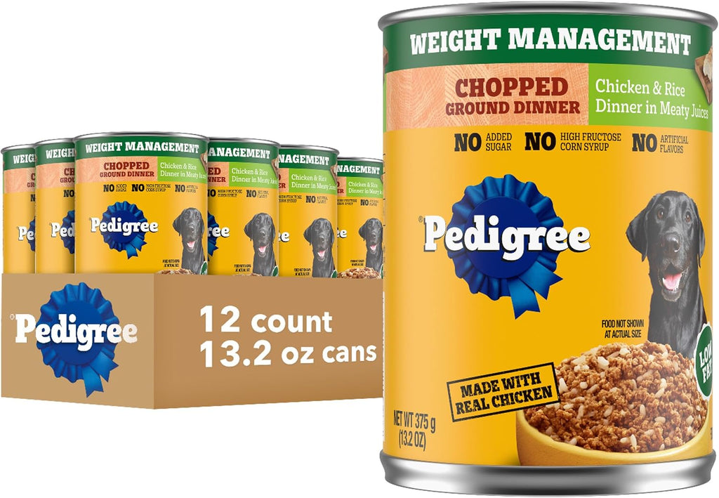 Pedigree Chopped Weight Management Wet Dog Food, Chicken, 13.2oz, 12 Count | Real chicken #1 ingredient, low fat, 100% complete & balanced, made in USA, use as topper or serve alone, low fat