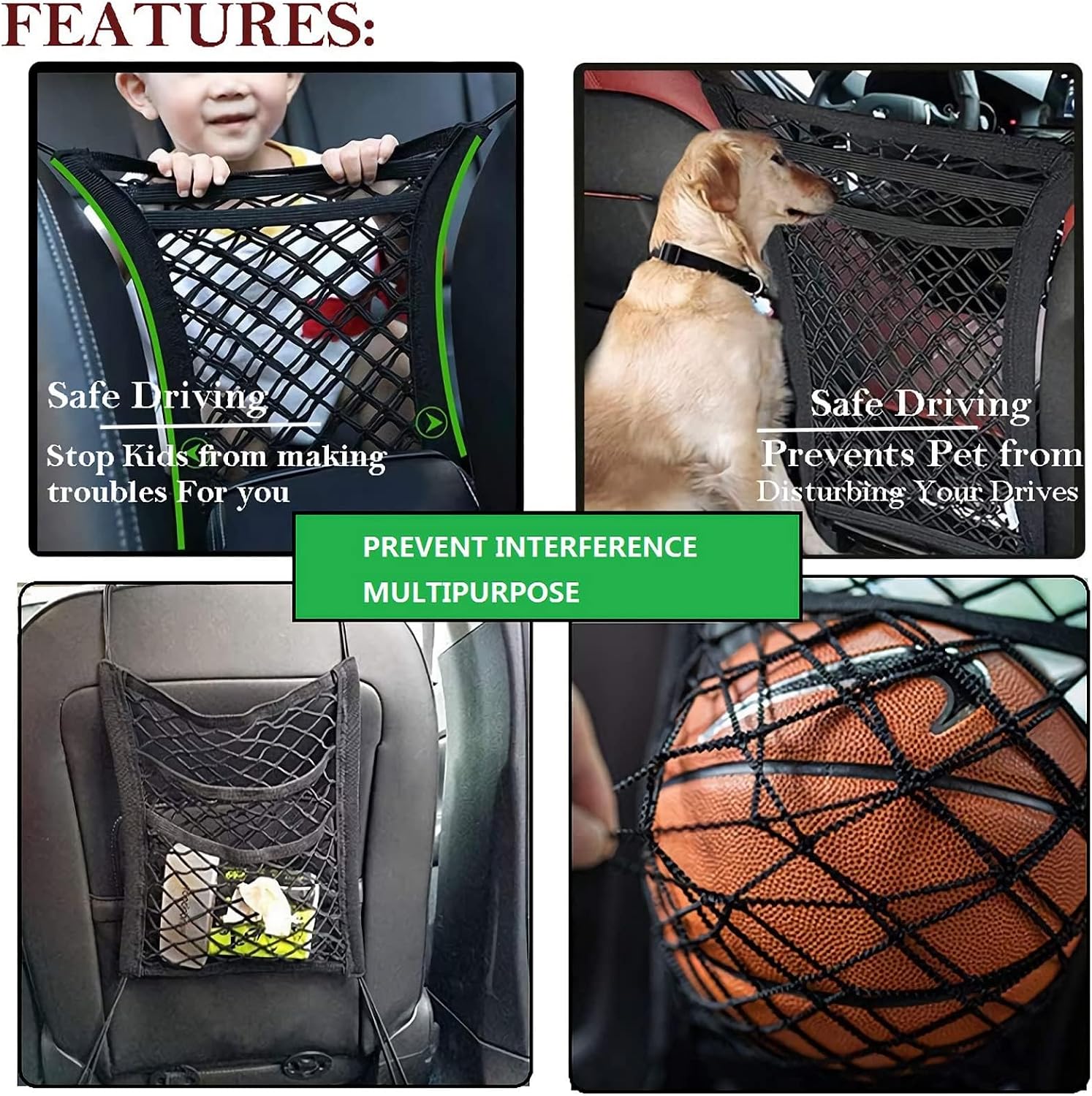 Car Dog Barrier for Mitsubishi Montero Sport 2026 2025-2016, Automotive Seat Organizer Storage Net Elastic Luggage Mesh Pouch Interior Auto Accessories Black