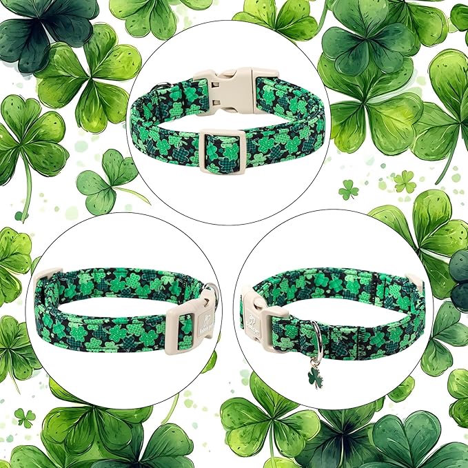 St Patricks Day Dog Collar for Large Dogs - Green Lucky Clover Dog Collars, Lightweight Adjustable Irish Festival Shamrock Dogs Collars with Quick Release Buckle L