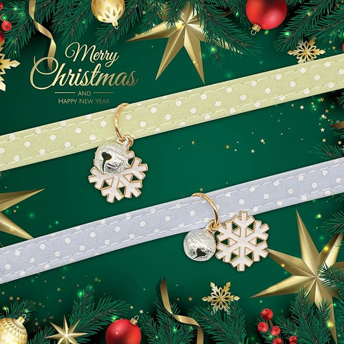 2 Pack Cotton Breakaway Cat Collar with Bell Green&Blue White Snowflake Pendant Cute Kitten Cat Collar Suitable for Girls and Boys