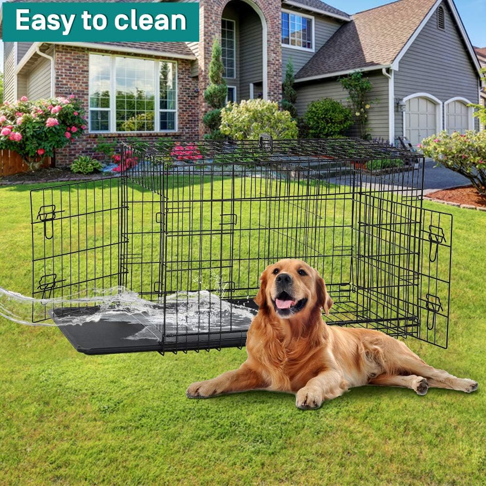 48 42 Inch Large Dog Crate Kennel Metal Wire Indoor/Outdoor Double-Door Folding Dog Cage for Large Medium Puppy Dog Pet Crate with Plastic Tray and Handle