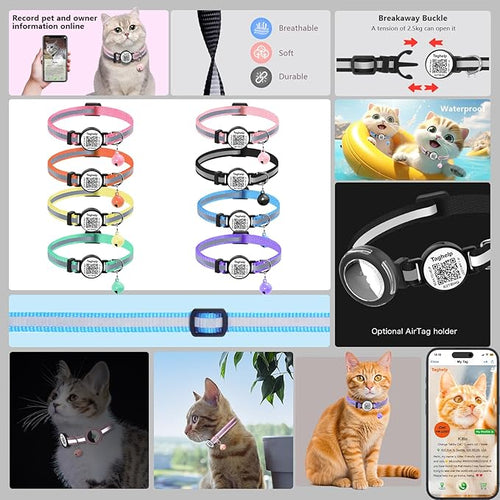 2 Pack Breakaway Cat Collar with QR Code & Bell, Reflective Safety Collar with Never-Lost Digital ID Tag, Adjustable 7.5-12.5 Inch for Indoor Outdoor Cats (Purple & Pink)