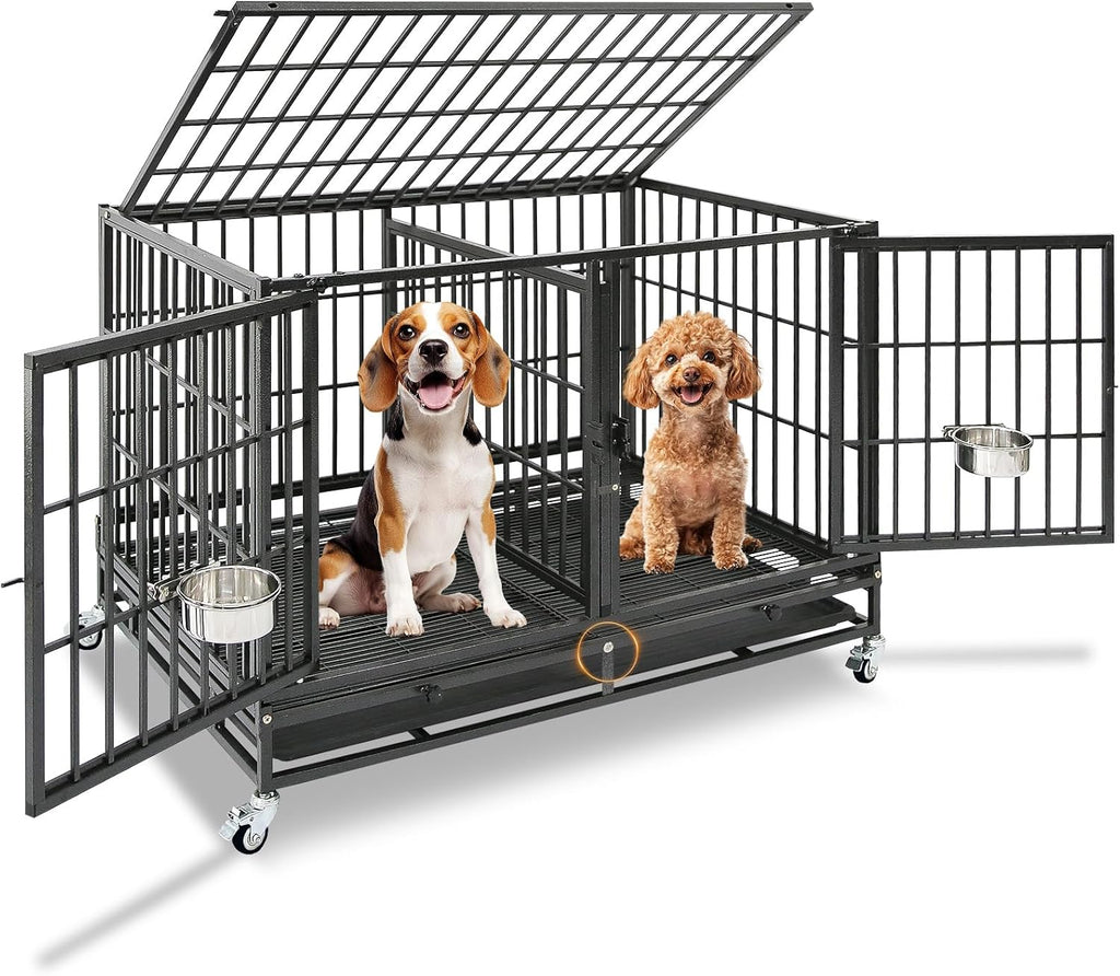 Homey Pet 43" Double Dog Crate, Heavy Duty Stackable Kennel with Divider | Drop Cage for Dogs with Dual Doors, Auto Locks, Bowls, Removable Tray, for Small & Medium Dogs, Breeders and Multi-dog Homes