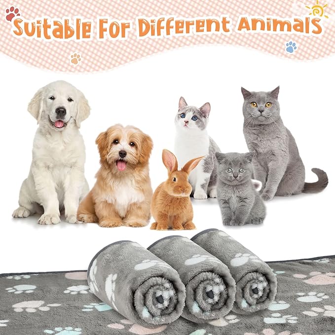 Tatuo 4 Pcs Dog Blanket for Pet Cat Blankets Indoor Puppy Teething Stuff Toys Paw Print Fleece Soft Blanket Sleep Mat for Guinea Pig Cage(Dark Gray,Small(24 x 16 Inch),Square)