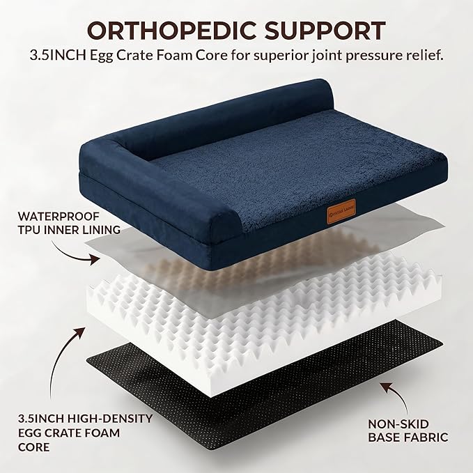 Patas Lague Orthopedic XL Dog Bed Large Sized Dog 42''X28'', Waterproof L Bolster Big Large Pet Sofa Beds with Removable Washable Cover, Soft Comfortable Pet Couch Crate Mat with Nonskid Bottom, Navy