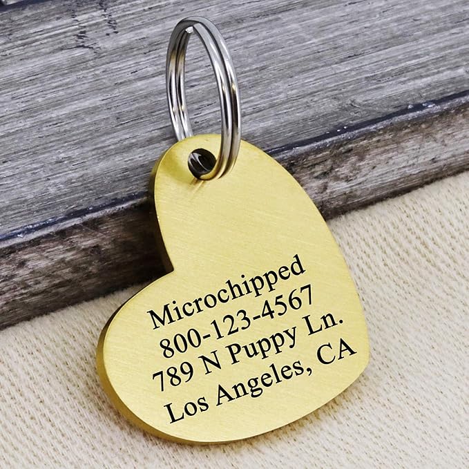 Ultra Joys Custom Personalized Pet ID Tag - Brushed Stainless Steel Heart Dog Tag Gold Medium