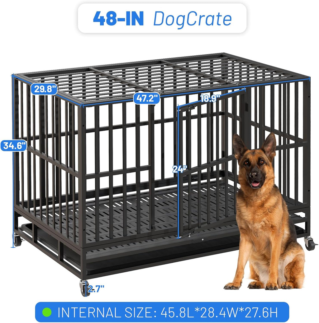 NUGRIART 48 Inch Heavy Duty Indestructible Dog Crate, XL Steel Escape-Proof Kennel for Large Dogs, Double Door Design with 4 Locking Wheels & Reinforced Baseplate, Ideal for High-Anxiety Dogs