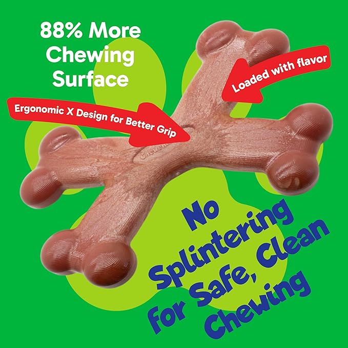 Chew’EMS X Bone Dog Chew Toy for Aggressive Chewers – Long-Lasting Beef Flavor Nylon Bone – Durable, Rawhide-Free Dental Toy - Large Size – Made in USA