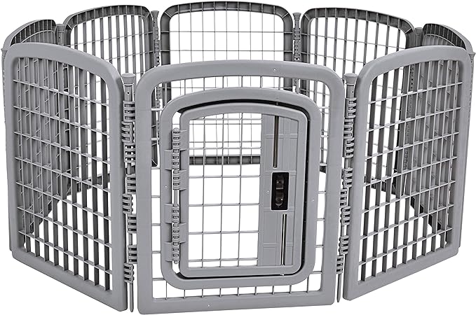 Amazon Basics 8-Panel Octagonal Plastic Dog Playpen, Indoor/Outdoor Pet Fence with Gate, Exercise Pen for Puppies and Small Animals, 28 inches, Grey