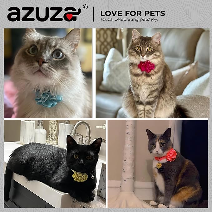azuza 2 Pack Cat Collar Floral with Bell and Removable Flower Bowtie Breakaway Adjustable Velvet Fabric Cat Collar for Pets and Daily Decoration，Wine Red & Rose Pink
