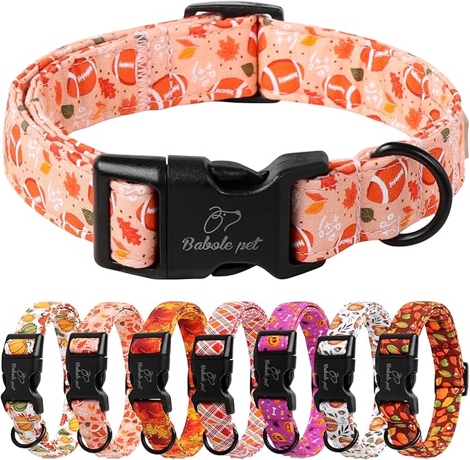 Fall Dog Collar, Cute Football Pattern Puppy Collar, Orange Adjustable Cotton Holiday Tanksgiving Dog Collars for Small Medium Large Boy&Girl Dogs M