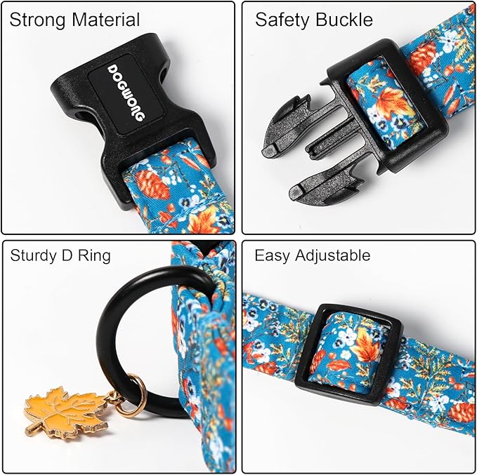 DOGWONG Fall Maple Dog Collar- Cute Classic Fall Autumn Flower Dog Collars Adjustable Fall Dog Collar for Small Medium Large Dogs XL