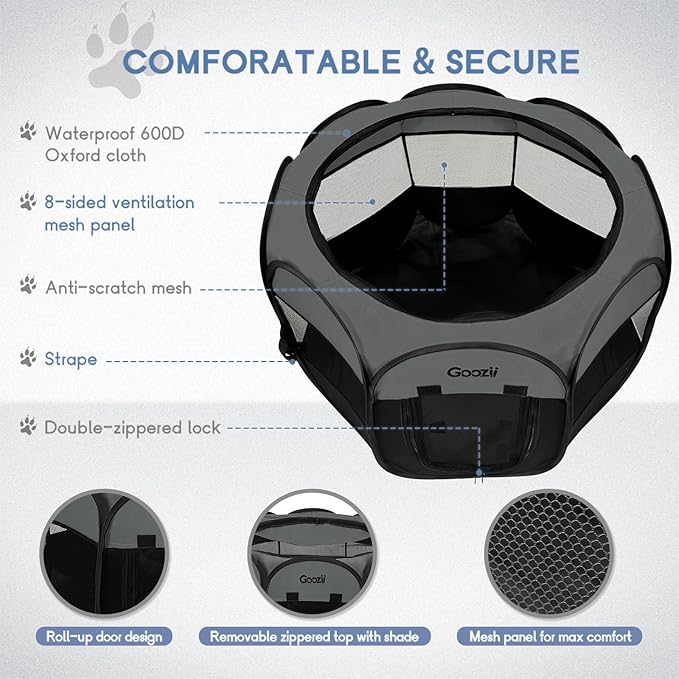 Portable Puppy Playpen Indoor, Small Dog Playpen, Pop Up Kitten Cat Play Pen Tent for Outdoor, Foldable Pet Cage Crate Kennel with Zip Gate Top Cover Bottom for Travel Camping RV Car (Black)