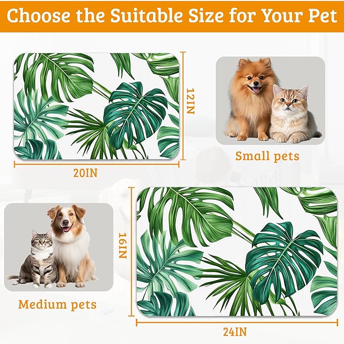 Dog Bowl Mat,Leaves Pet Feeding Mat for Floors Waterproof,Tropical Palm Absorbent Dogs Placemat for Food and Water Quick Dry Pet Cat Feeding Mats with Non Slip Bottom 16" x 24"