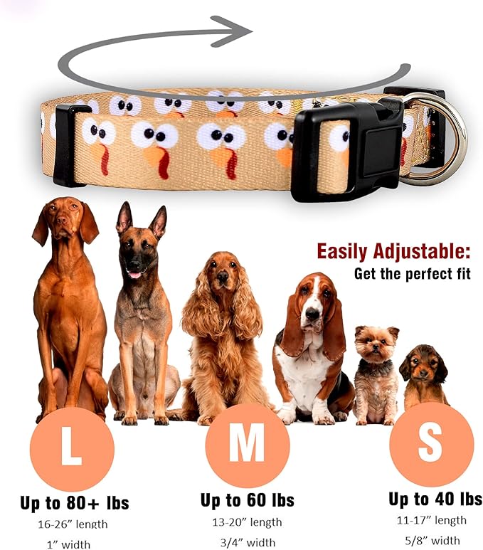 Native Pup Thanksgiving Dog Collar- Fall Collars for Dogs- Autumn Leaf, Turkey, Pumpkin Pie, Holiday Leaves- Girl Boy Puppy- Adjustable for Small, Medium, Large Breeds (Turkey Face, Small)