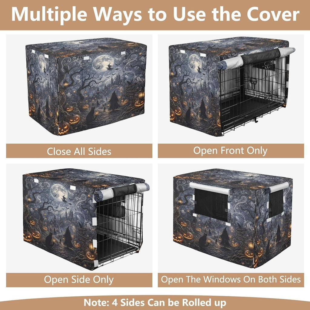 Dog Crate Cover Halloween Witch Heavy Duty 600D Oxford Waterproof Dog Kennel Cover for Wire Crates, UV Sun Protection and Breathable Mesh, Machine Washable - Fits S Crates