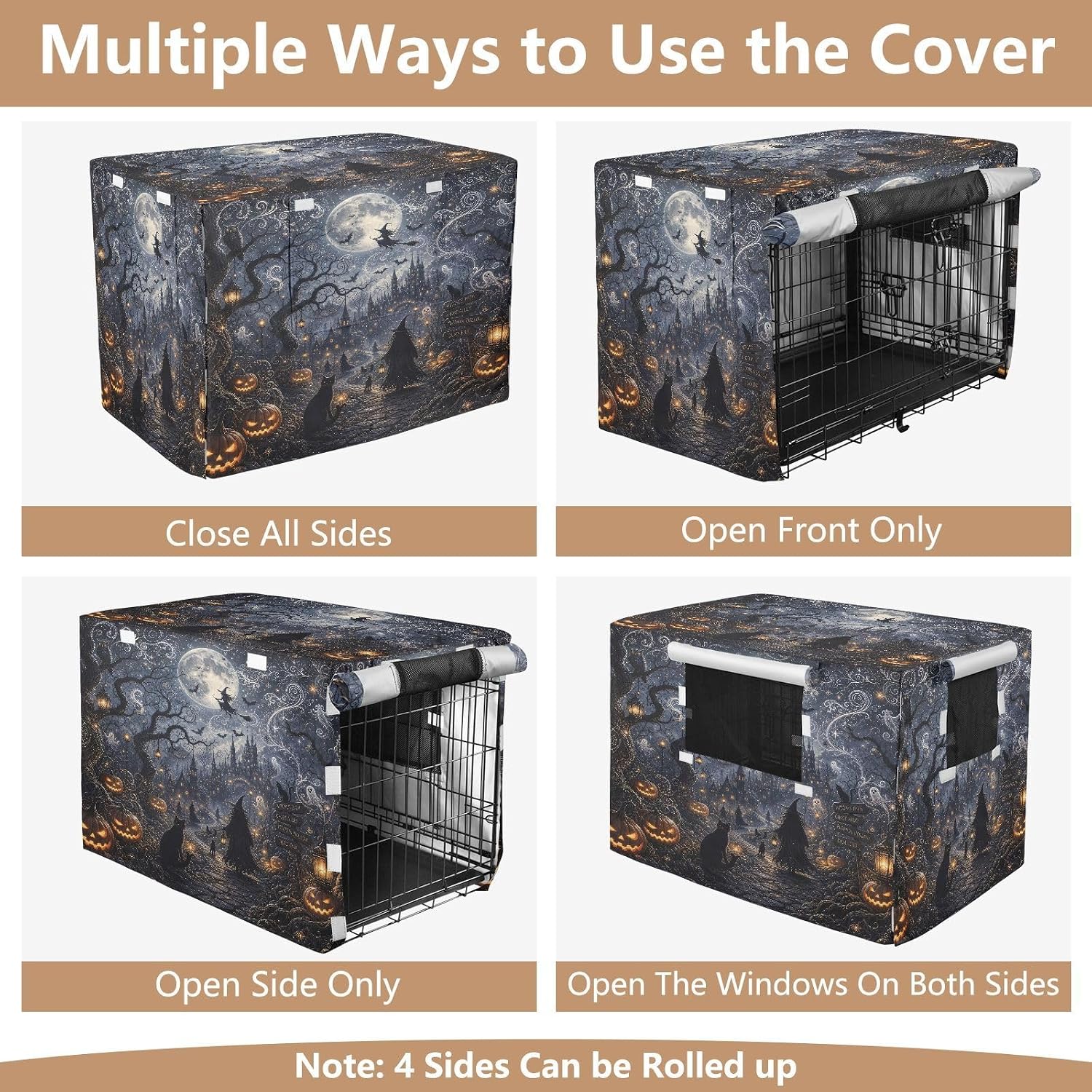 Dog Crate Cover Halloween Witch Heavy Duty 600D Oxford Waterproof Dog Kennel Cover for Wire Crates, UV Sun Protection and Breathable Mesh, Machine Washable - Fits S Crates