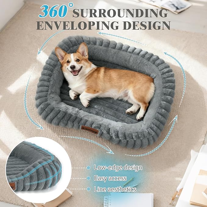 Cute Washable Dog Bed for Small Dogs -Soft Plush Calming Puppy & Cat Bed with Anti-Slip Bottom, Rectangle Anti-Anxiety Puppy Kennel Bed with Handle, 25" x 21" x 4",Grey