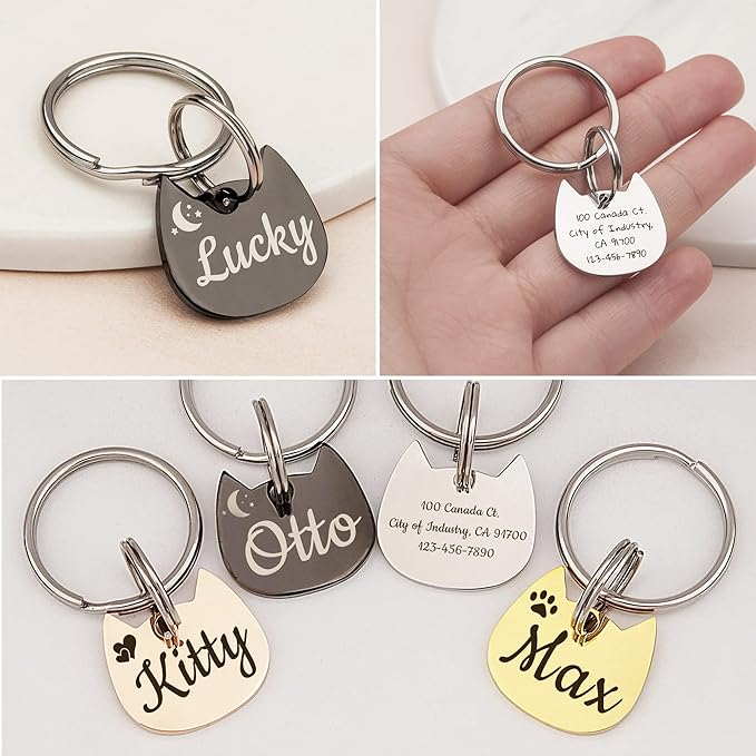 Anavia Small Size Dog Cat ID Tags, Small/XS Personalized Color Plated Stainless Steel Puppy Kitten Name Tags, Customized Engraved Nameplate Pet Collar Tag (Gold, Cat Head)