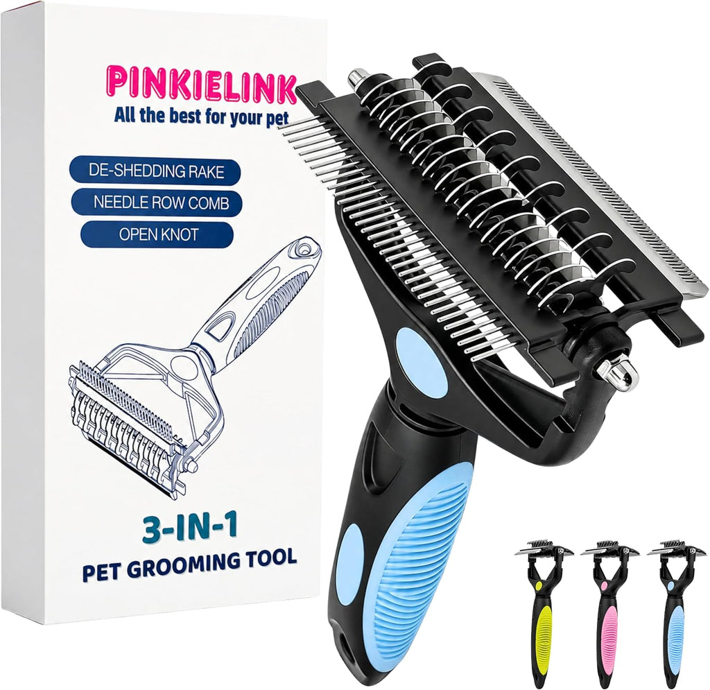 3-IN-1 Pet Grooming Tool - Undercoat Rake, Dematting Comb & Deshedding Brush for Cats, Dogs, Horses - Removes Mats, Tangles & Loose Fur, Reduces Shedding & Prevents Hair Mess (Blue)