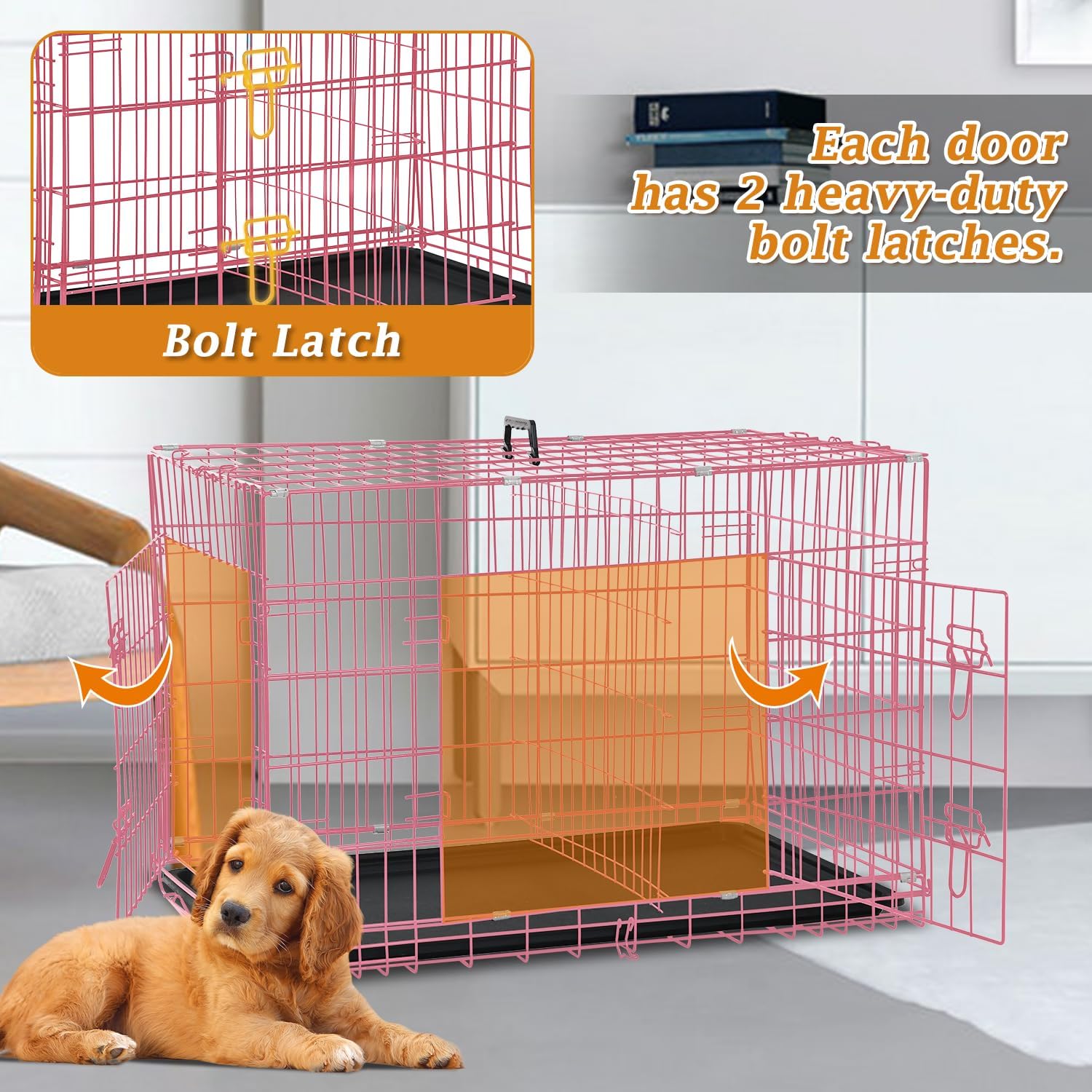 Dog Crate Dog Kennel Cage for Small Dogs, 24" Portable Foldable Indoor Outdoor Large Double Door Wire Metal Puppy Cat Pet Dog Cage with ABS Tray LC & Divider, Pink