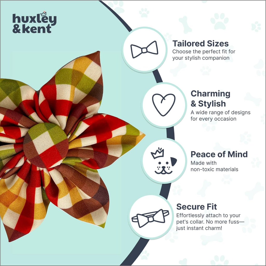 Huxley & Kent Pet Pinwheel Bow for Dogs & Cats - Fall Adjustable Hook & Loop Collar Accessory - Cute & Comfortable for Holidays & Celebrations - Harvest Check, Large | Clips to Any Collar with Hook & Loop, Soft, Lightweight, Machine Washable, Great for