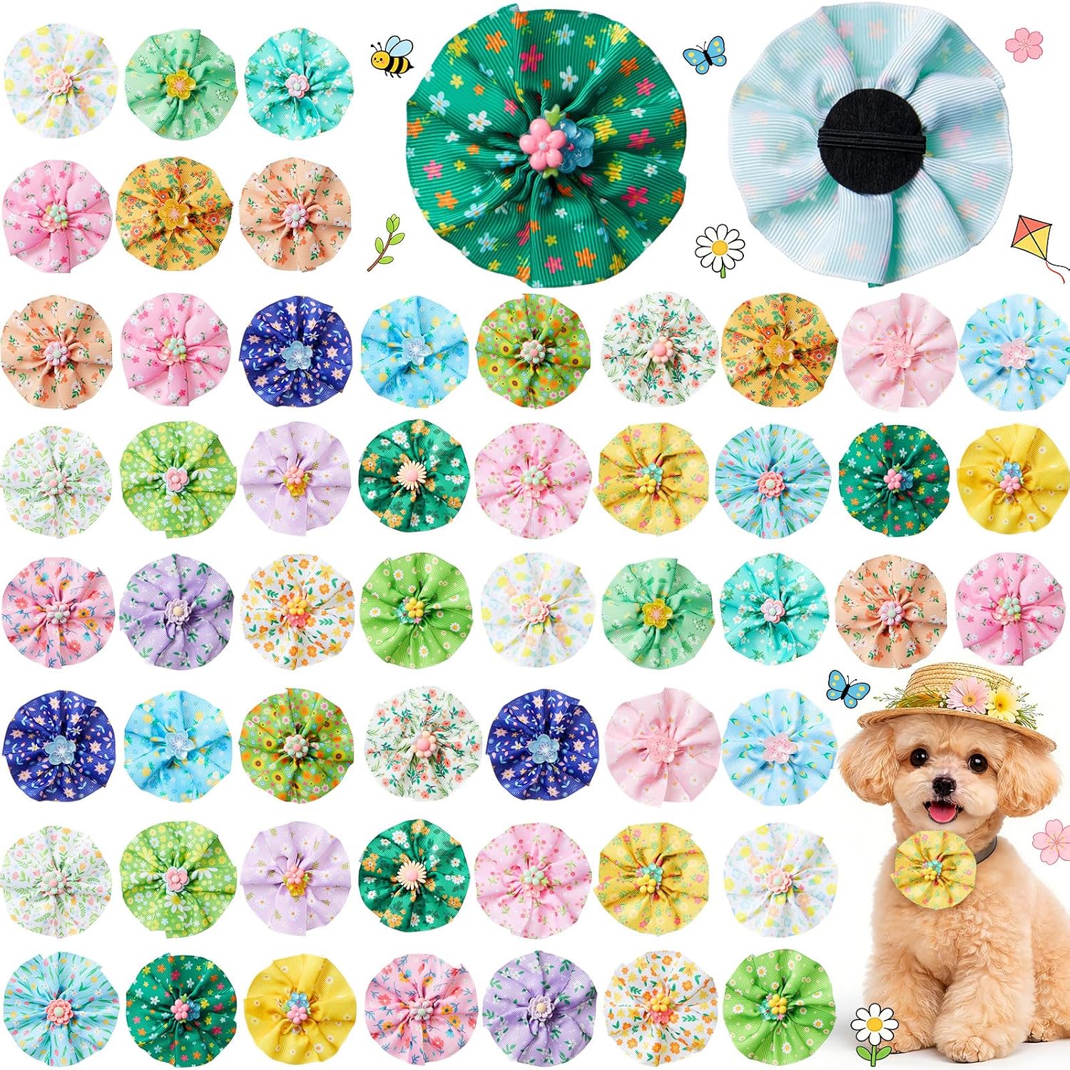 Huhumy 50 Pcs Flower Floral Dog Collar Bow Ties Bulk for Spring Summer Charm Attachment Collar with Daisy Triangle Pet Scarf Bowtie for Small Medium Large Cats Costume Grooming