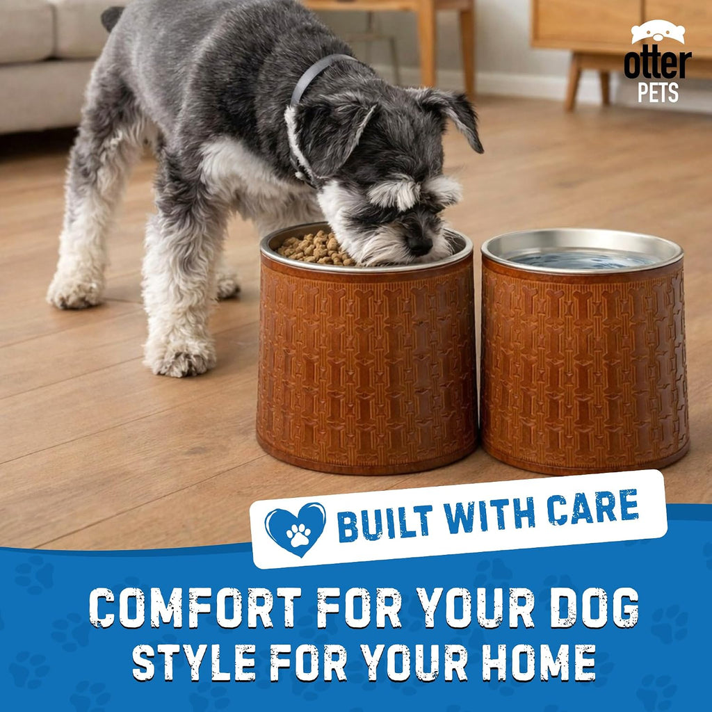 OtterPets Dog Bowls Elevated for Small Dogs, 6-Inch Bamboo Stands, Set of 2 | Includes 2 stainless steel bowls; raised food and water feeding station; raised dog bowl stands