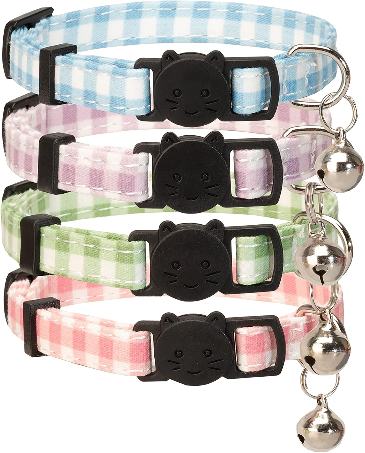 Cat Collar 4pcs Set Safety Breakaway with Bell Kitten 7-11" Multi Pack Cute Girl Boy Pet Basic Adjustable [4pcs] Plaid