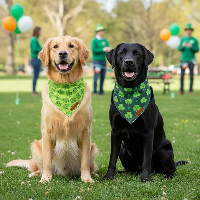 ADOGGYGO St Patrick Dog Bandana 2 Pack, Reversible Shamrock Pet Scarf Bib, Adjustable Fit Green St Patricks Day Bandanas for Medium Large Dogs (Large)