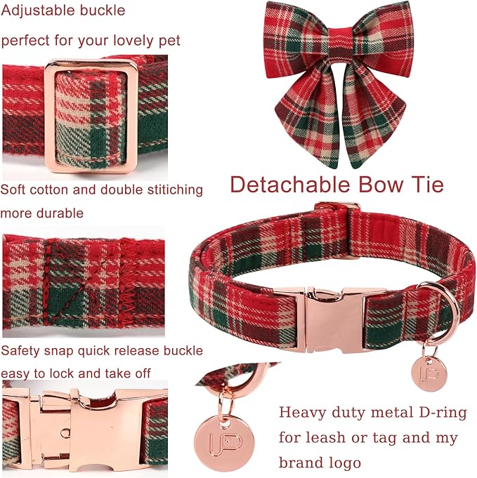 Christmas Plaid Dog Collar with Bow Tie– Adjustable Red & Green Checkered Dog Collar for Small Medium Large Dogs, Soft Xmas Plaid Puppy Collars with Quick Release Buckle XL