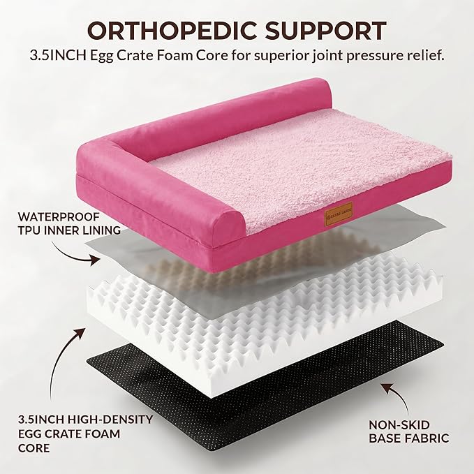 Patas Lague Orthopedic Dog Bed Large Sized Dog 36''X24'', Waterproof L Bolster Medium Pet Sofa Beds with Removable Washable Cover, Soft Comfortable Pet Couch Crate Mat with Nonskid Bottom, Pink