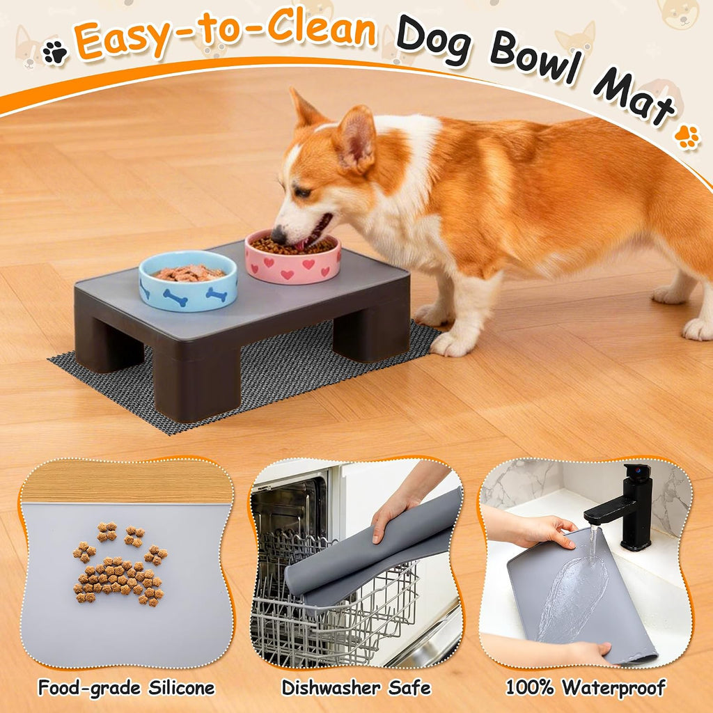Elevated Dog Bowl Stand with Waterproof Dog Food Mat, Non-Slip, 1 Pc, Black | Reduce Neck & Joint Strain, Easy to Clean Silicone Pet Feeding Mat, Sturdy Legs, Ideal for Small & Medium Dogs and Cats