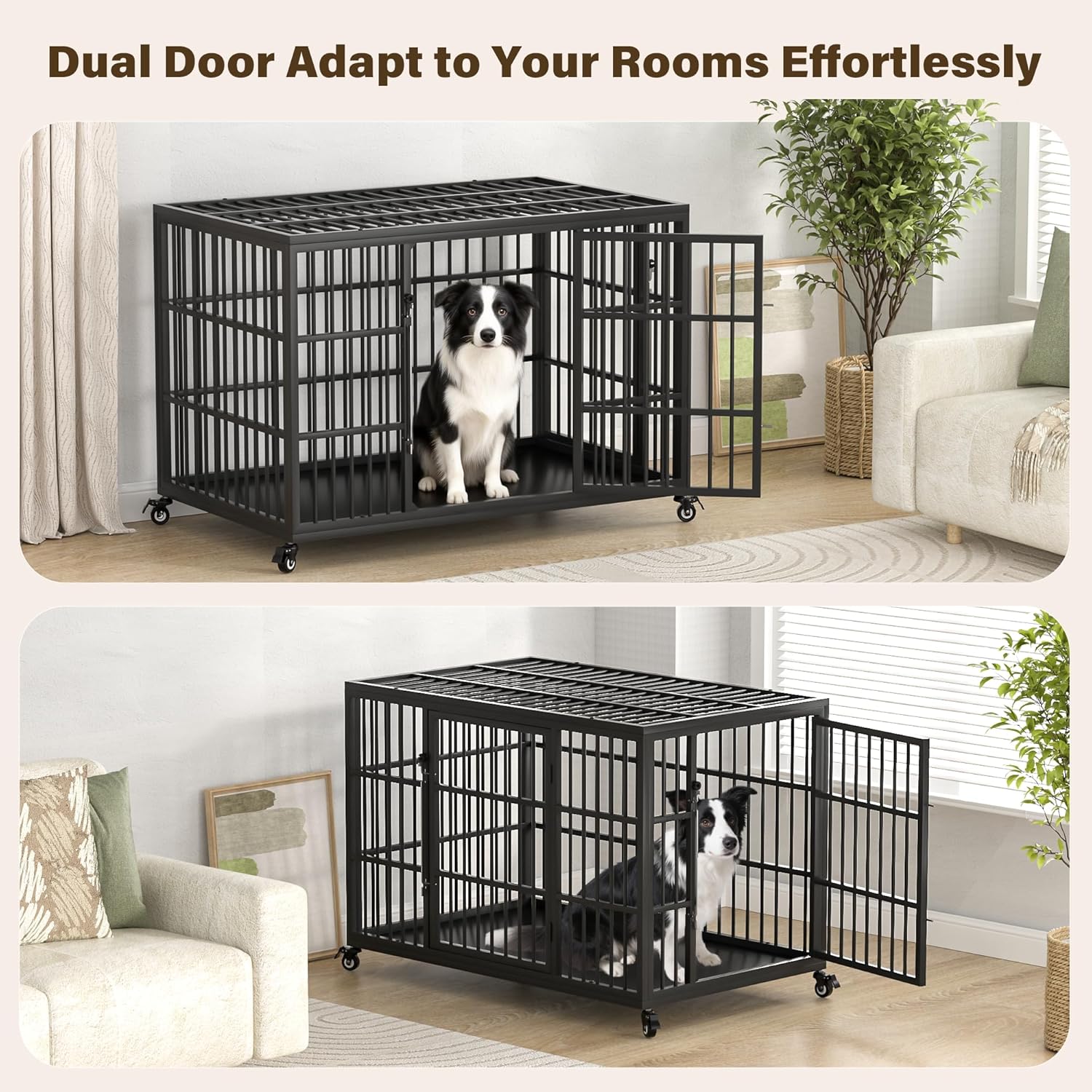 VERIFURTY 48 Inch Heavy Duty Dog Crate for Large Dogs with Self-Locking Latch, Escape-Proof Steel Kennel Indoor, XL Large Double Door Metal Pet Cage with Wheels