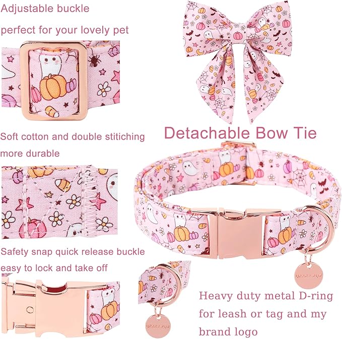 Halloween Dog Collar with Flower, Pink Halloween Puppy Flower Collar with Adjustable Metal Buckle,Fancy Halloween Dog Collar Bowtie Gift for Girl Boy Dog,L