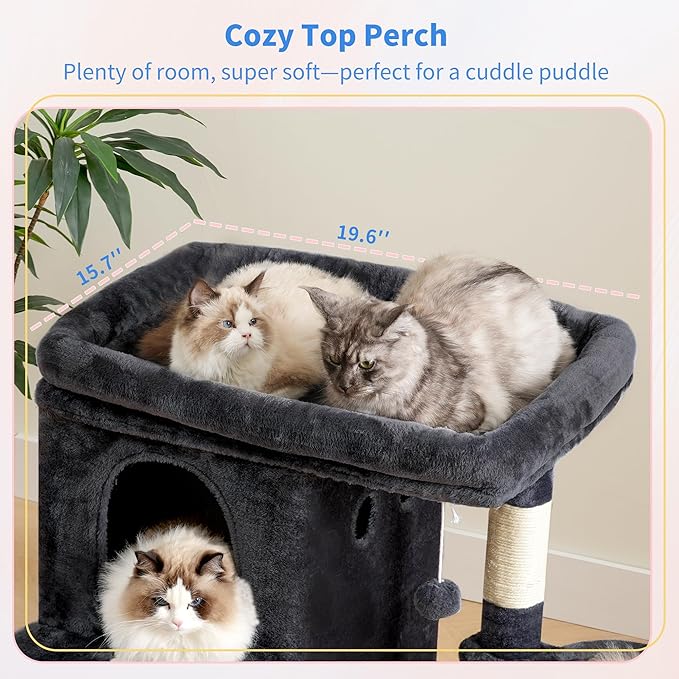 Heybly Cat Tree, 25.6-inch Cat Tower with Spacious Top Perch for Large Cats, Stair-Style Cat House Furniture with Dual-Layer Condos, Sisal Scratching Posts, Cozy Basket & Pompom, Smoky Gray HCT204SG