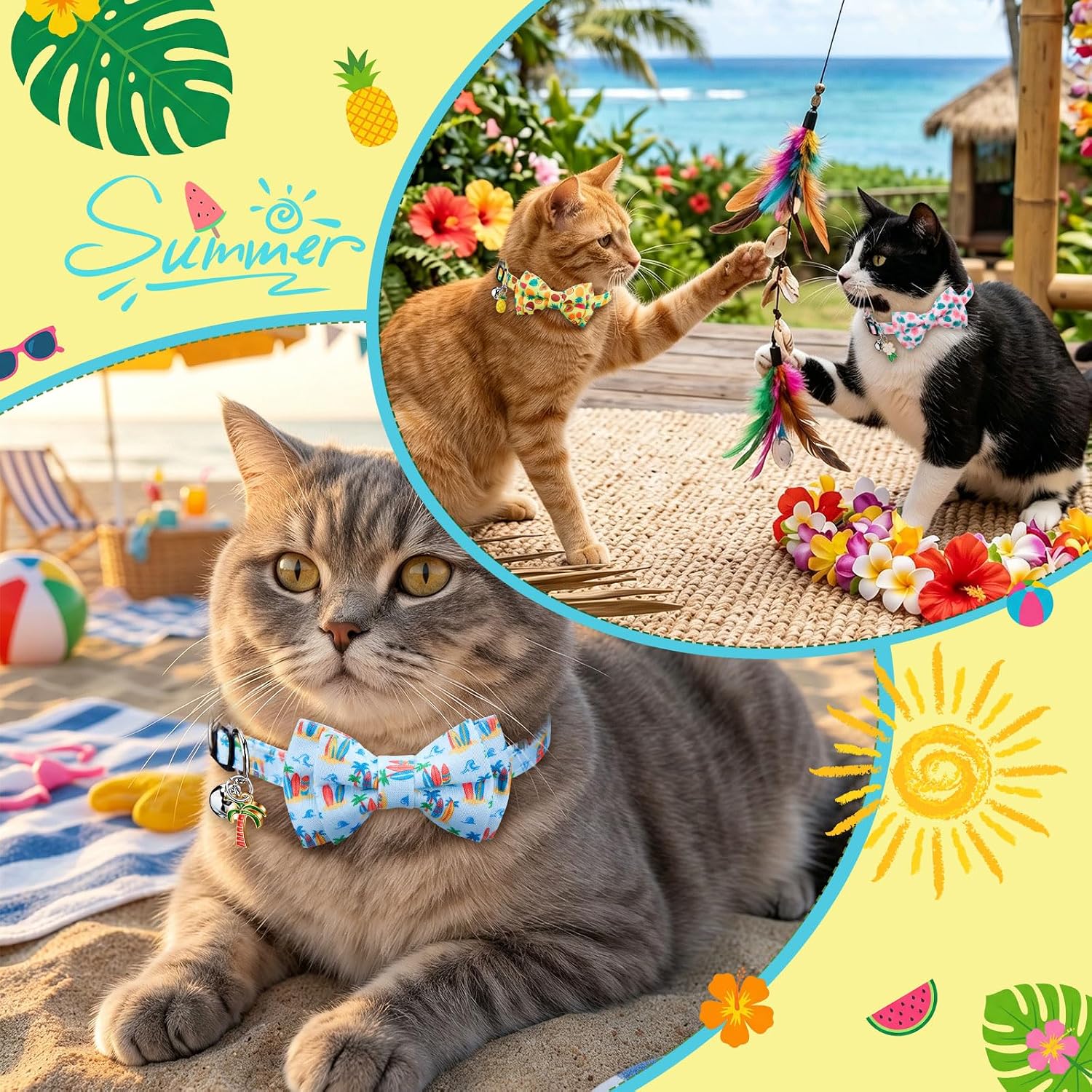 Hsei 6 Pcs Summer Hawaii Cat Collars Bulk with Bow Tie Bell Kitten Adjustable Breakaway Bowtie Collar for Boy Girl Cats Small Dog Pet Party Tropical Luna Aloha Party Favors Decoration