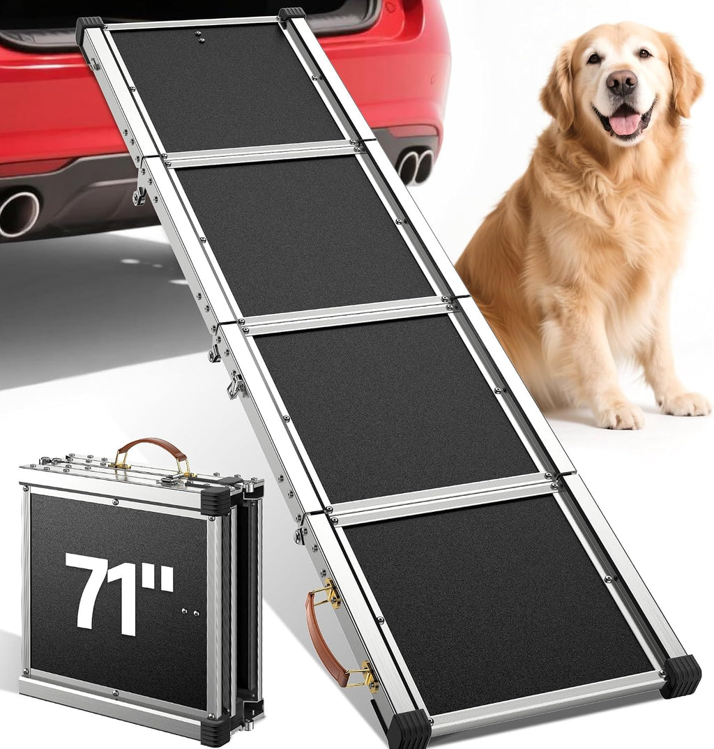 71" Aluminum Alloy Dog Ramp for Car SUV Truck Side Door, Foldable Outdoor Pet Ramp with Adjustable Support Head, Non-Slip Traction Surface, Sturdy Ramp for Large Dogs Up to 200 LBS (4 Folded)