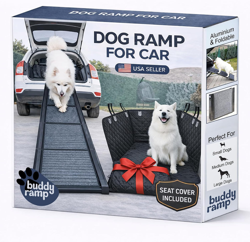 Dog Ramp for Car & Back Seat Cover Bundle – 63” Foldable Non-Slip Dog Ramp + Waterproof 57” Bench Seat Protector – Portable Pet Ramp & Car Seat Cover for SUV, Truck & Car Travel