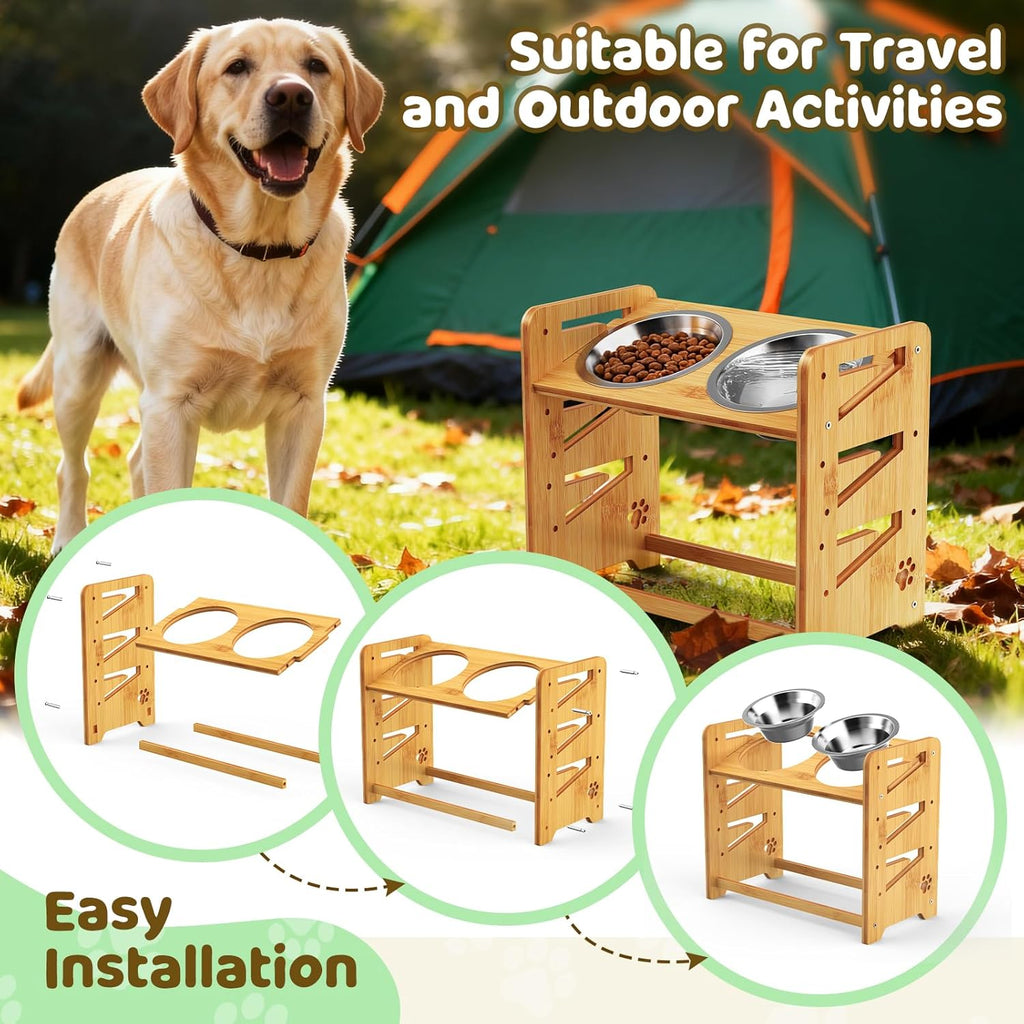 Elevated Dog Bowls, Adjustable Raised Dog Bowl Stand for Large and Medium Pet, 15" High Bamboo Pet Food Feeder with 2 Stainless Steel Dishes（6 Heights）