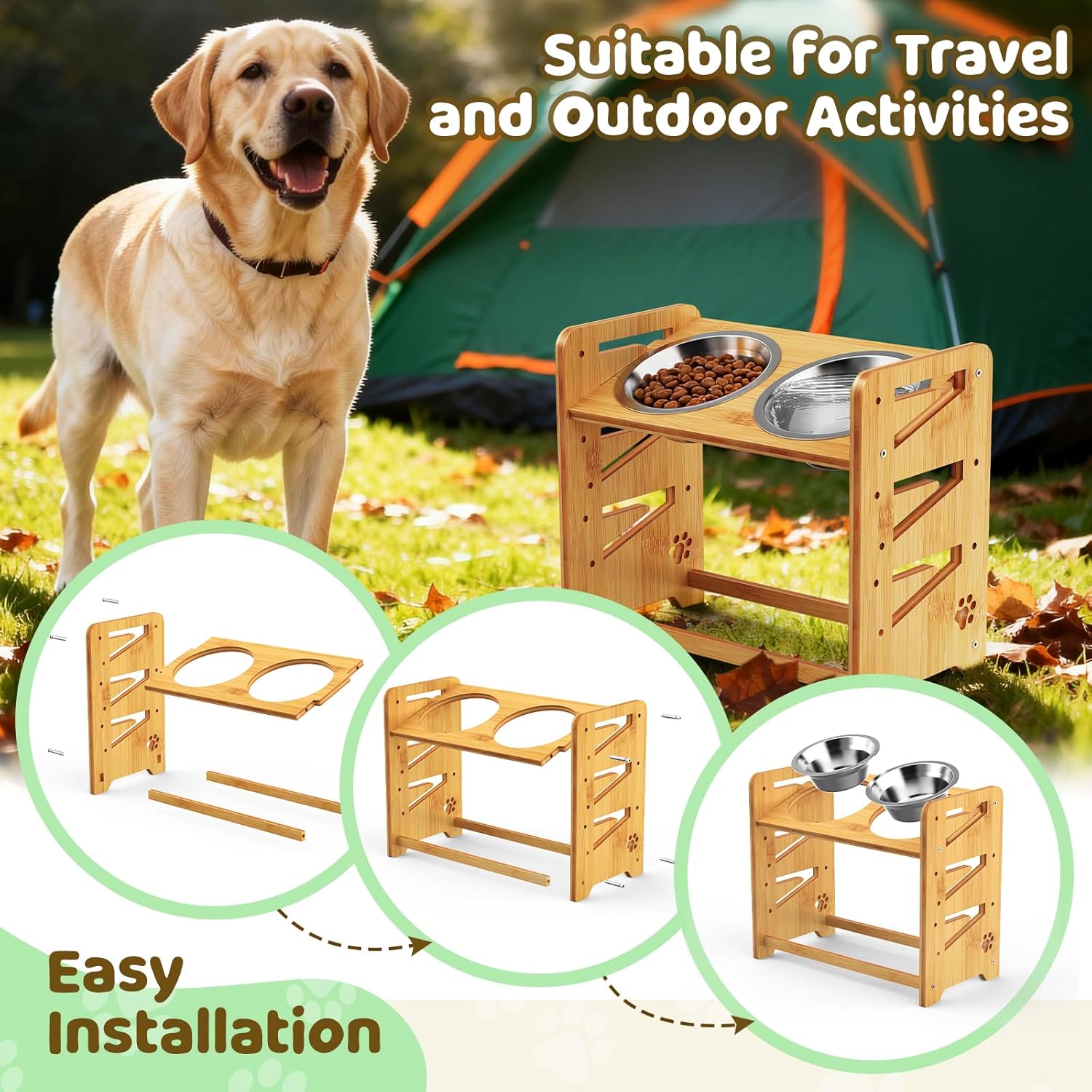 Elevated Dog Bowls, Adjustable Raised Dog Bowl Stand for Large and Medium Pet, 15" High Bamboo Pet Food Feeder with 2 Stainless Steel Dishes（6 Heights）