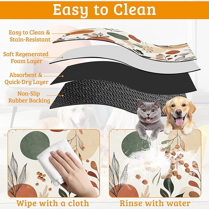 Boho Dog Cat Food Mat,Abstract Leaves Absorbent Waterproof Placemat for Food and Water Non Slip Rubber Backing Durable Feeding Pad for Clean Floors 16" x 24"