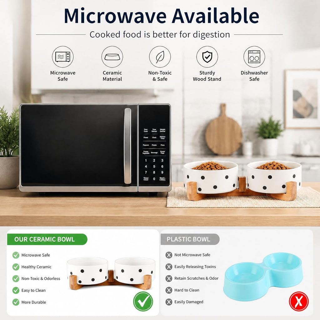 Petygooing Ceramic Dog Bowl Set with Stand,Cat Pet Food and Water Dishes,Small Dog Bowls Anti -Slip Set of 2 Cat Bowls Pet Food Dish Small Size Pet (13.5OZ/5.1 in) Black Dot