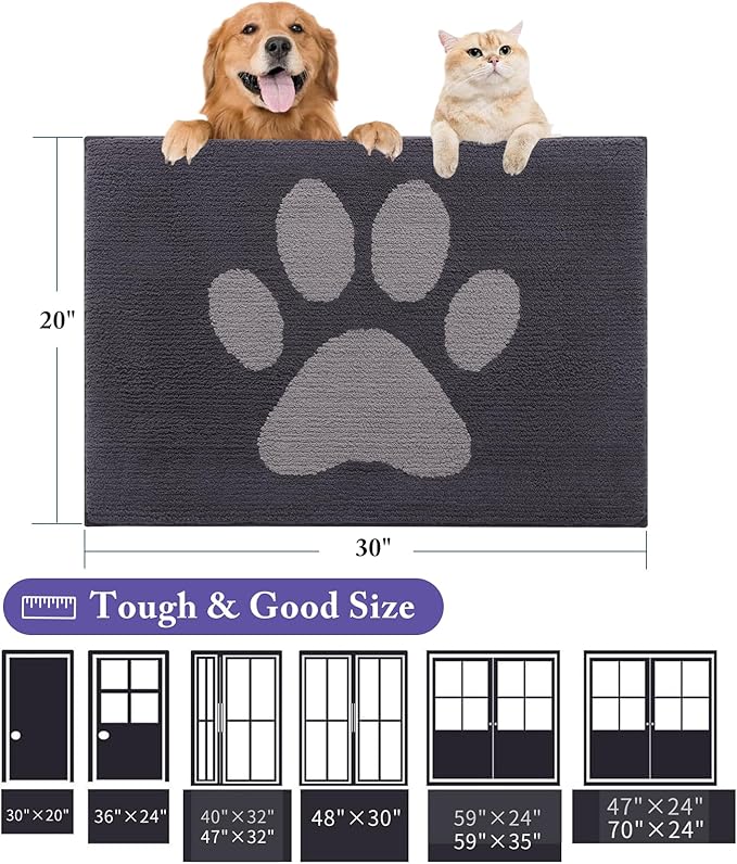 Buganda Dog Door Mat for Muddy Paws, Absorbent Dirt Trapper Non Slip Indoor Doormats, Washable Low-Profile Mat for Mud Dogs, Entryway Carpet for Inside Floor (48x30 Inches, Dark Grey)