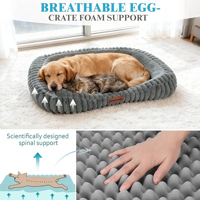 Orthopedic Dog Bed for Extra Large Dogs, Comfort-Sided Calming Pet Bed Couch with Breathable Memory Foam, Plush Faux Rabbit Fur & Anti-Slip Bottom, Machine Washable, 43"x31"x5.5", Grey